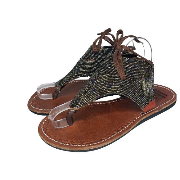Standing Glad Womens Beaded Gladiator Sandals Size 37 / 7 US Handmade In Kenya - Picture 1 of 13